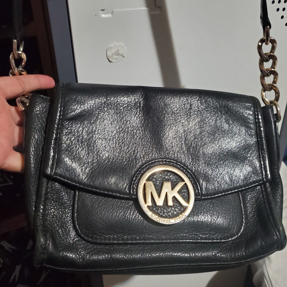 Michael Kors Black Leather Shoulder/ Crossbody Bag with Gold Accents